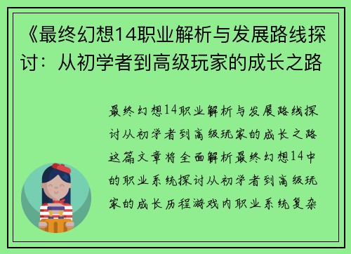 《最终幻想14职业解析与发展路线探讨：从初学者到高级玩家的成长之路》