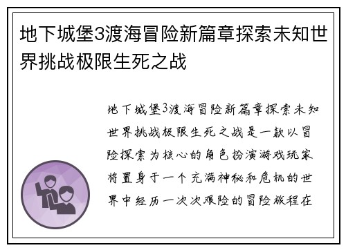 地下城堡3渡海冒险新篇章探索未知世界挑战极限生死之战