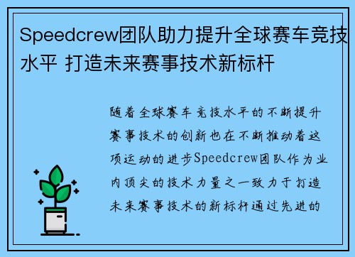 Speedcrew团队助力提升全球赛车竞技水平 打造未来赛事技术新标杆